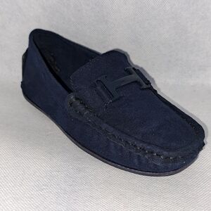 New boys loafer shoes, blue suade like material, hand stitched